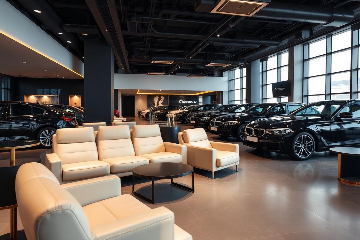 Cream leather customer lounge inside The Luxury Cars showroom in Jaipur